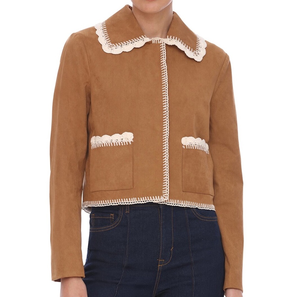 Bagatelle Faux Suede Jacket S Tan Crochet Lace Cottagecore Western Cropped